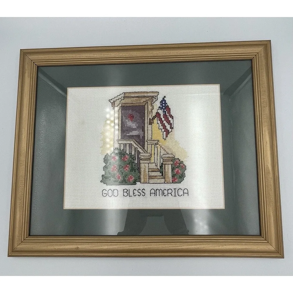 Vtg. Framed Patriotic Cross Stitch 12.75